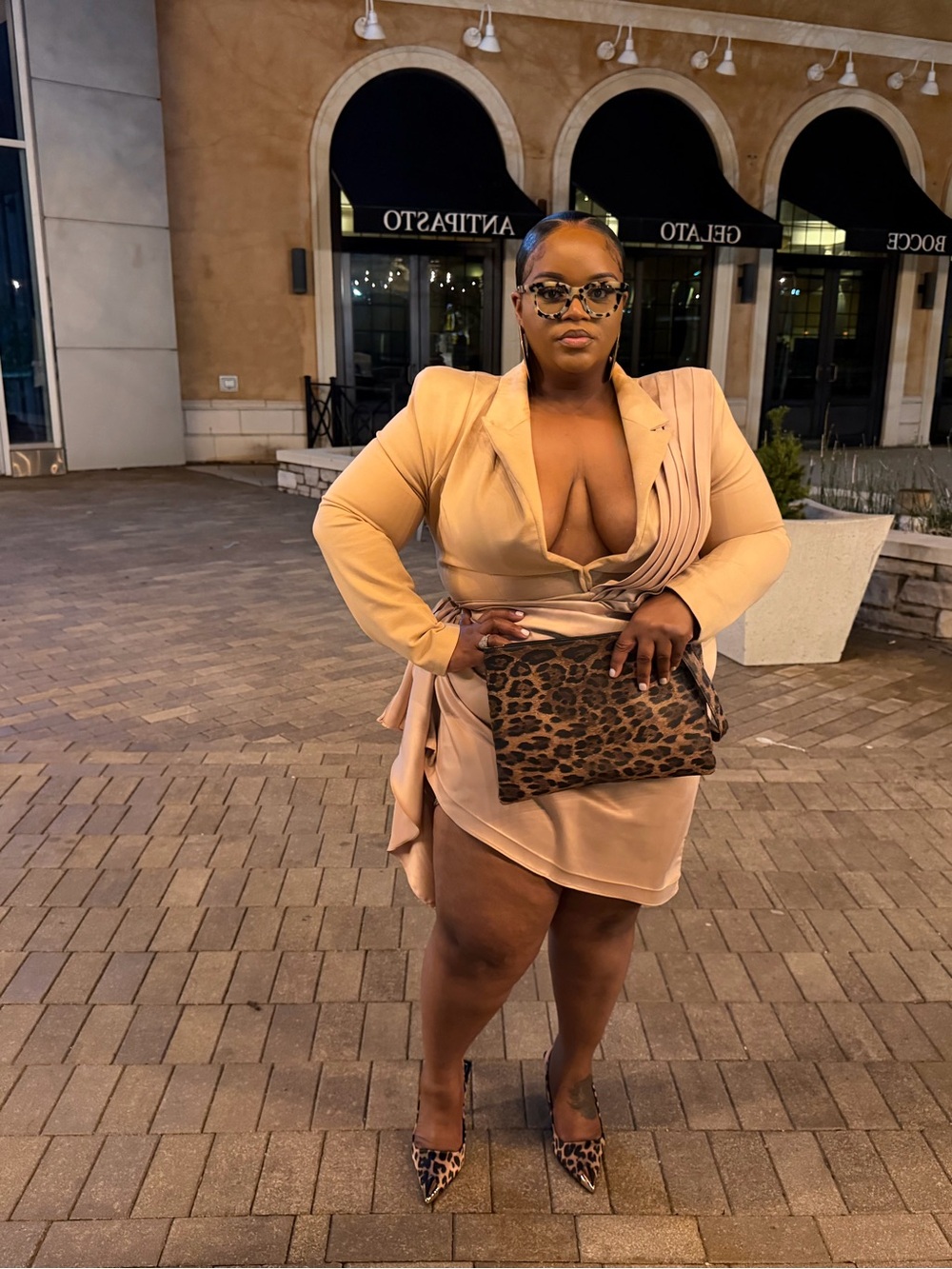 Nude Blazer Mini Dress with Leopard Accessories